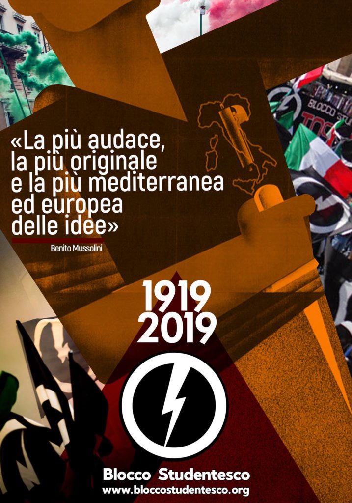 blocco studentesco movimento giovanile casapound celebra anniversario centenario 100 anni fondazione fasci di combattimento fascismo italia italiano mussolini 23 marzo 1919